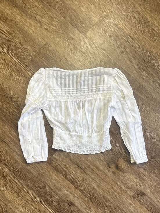 ZARA White Smocked Waist Crochet Trim V-Neck Puff Sleeve Blouse - Picture 6 of 6